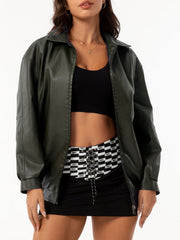 Women's Oversize Faux Leather Jacket | Loose Lapel Coat