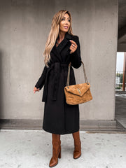 Women's V-Neck Lace Up Long Woolen Coat | Elegant Winter Outerwear