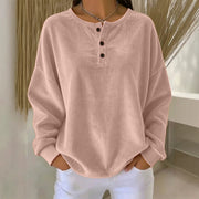 Women's Loose-Fit Corduroy Button Sweatshirt | Round Neck Solid Color Pullover