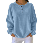 Women's Loose-Fit Corduroy Button Sweatshirt | Round Neck Solid Color Pullover