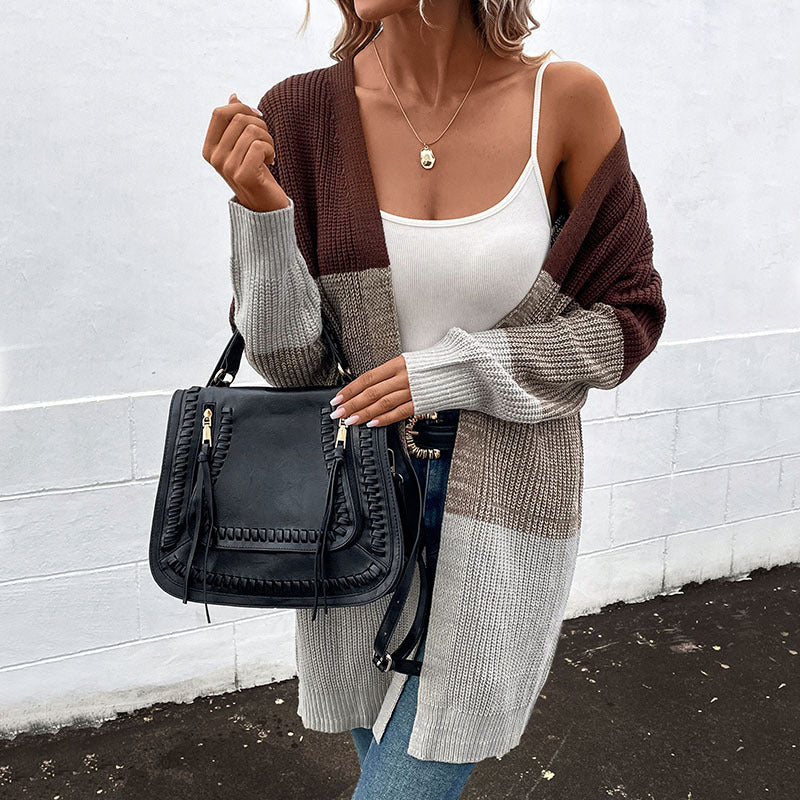 Women's Contrast Color Long Cardigan Sweater, Long Sleeve – Autumn/Winter Casual