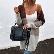 Women's Contrast Color Long Cardigan Sweater, Long Sleeve – Autumn/Winter Casual