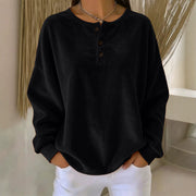 Women's Loose-Fit Corduroy Button Sweatshirt | Round Neck Solid Color Pullover