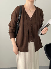 Women's V-Neck Knit Cardigan & Vest Two-Piece Set – Short Sweater Suit