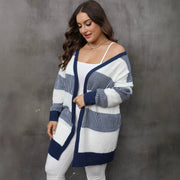 Women's Color Blocking Patchwork Striped Knit Cardigan – Casual
