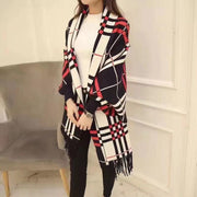 Women's Plaid Knit Cardigan, Mid-Length Tassel Shawl Coat – Casual
