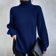 Women's Turtleneck Split Design Sweater | Long Sleeve Solid Color Pullover