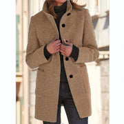 Women's Stand Collar Woolen Coat | Slim Fit Button Outwear with Pockets