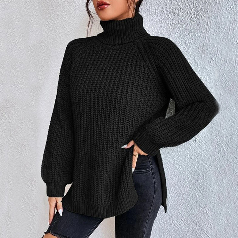 Women's Turtleneck Split Design Sweater | Long Sleeve Solid Color Pullover