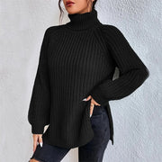 Women's Turtleneck Split Design Sweater | Long Sleeve Solid Color Pullover