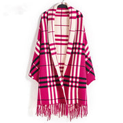 Women's Plaid Knit Cardigan, Mid-Length Tassel Shawl Coat – Casual