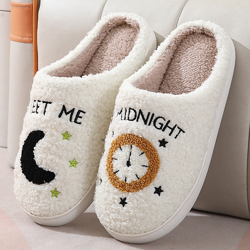 Women's Moon & Clock Print Plush Slippers | Warm Winter House Shoes