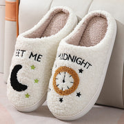 Women's Moon & Clock Print Plush Slippers | Warm Winter House Shoes