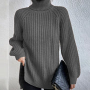 Women's Turtleneck Split Design Sweater | Long Sleeve Solid Color Pullover
