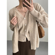 Women's V-Neck Knit Cardigan & Vest Two-Piece Set – Short Sweater Suit