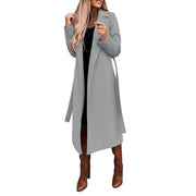Women's V-Neck Lace Up Long Woolen Coat | Elegant Winter Outerwear