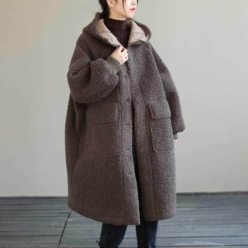 Women's Padded Hooded Coat | Lambswool Loose Plus Size Jacket