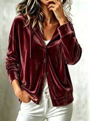 Women's Hooded Button-Down Cardigan | Loose Solid Color Long Sleeve