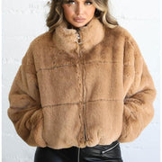 Women's Winter Zip-Up Thermal Jacket | Faux Fur Khaki Coat