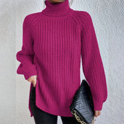 Women's Turtleneck Split Design Sweater | Long Sleeve Solid Color Pullover