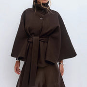 Women's High Neck Batwing Sleeve Belted Coat | Elegant Winter Trench