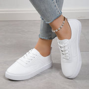 Women's Round Toe White Casual Shoes – Flat Platform Lace-Up Sneakers