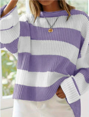 Women's Loose Batwing Sleeve Striped Sweater | Casual Round Neck Knit Top
