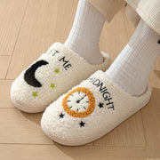 Women's Moon & Clock Print Plush Slippers | Warm Winter House Shoes