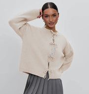 Women's Lace-Up Loose Knit Cardigan, Solid Color Sweater – Casual