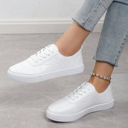 Women's Round Toe White Casual Shoes – Flat Platform Lace-Up Sneakers