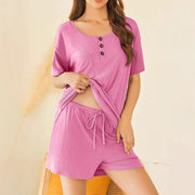 Women's Two-Piece Short Set – Solid Color Short Sleeve Shorts Suit