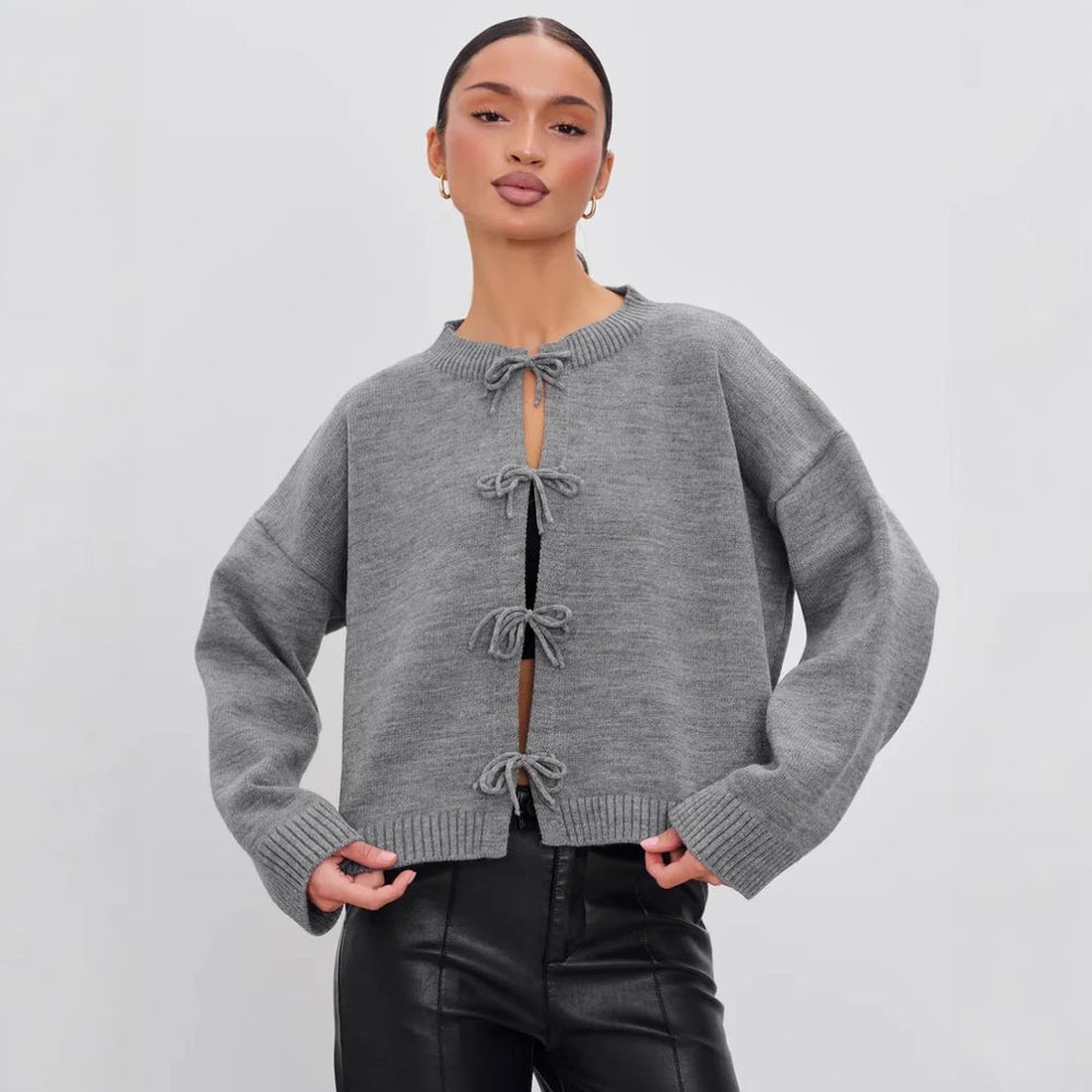 Women's Lace-Up Loose Knit Cardigan, Solid Color Sweater – Casual