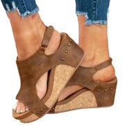 Women's Wedge Peep Toe Platform Sandals | Rivet Detail Patent Leather