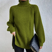 Women's Turtleneck Split Design Sweater | Long Sleeve Solid Color Pullover