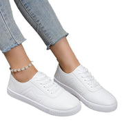 Women's Round Toe White Casual Shoes – Flat Platform Lace-Up Sneakers