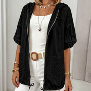 Women's Plus Size Hollow-Out Hooded Cardigan | Drawstring Jacket