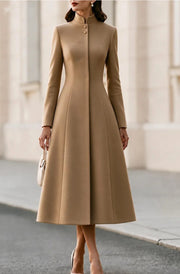 Women's French-Style Stand Collar Trench Coat | Belted A-Line Dress Coat