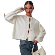 Women's Lace-Up Loose Knit Cardigan, Solid Color Sweater – Casual
