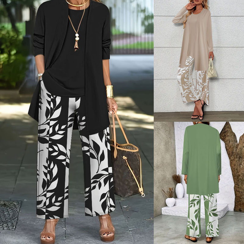 Women's 3-Piece Leaf Print Lounge Set | Cardigan, Tank Top & Wide-Leg Pants