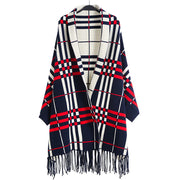 Women's Plaid Knit Cardigan, Mid-Length Tassel Shawl Coat – Casual