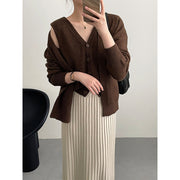 Women's V-Neck Knit Cardigan & Vest Two-Piece Set – Short Sweater Suit