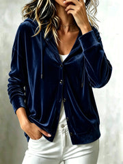 Women's Hooded Button-Down Cardigan | Loose Solid Color Long Sleeve