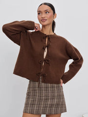 Women's Lace-Up Loose Knit Cardigan, Solid Color Sweater – Casual