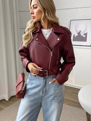 Women's Vintage Lapel Slim-Fit PU Leather Biker Jacket | Outerwear