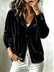Women's Hooded Button-Down Cardigan | Loose Solid Color Long Sleeve