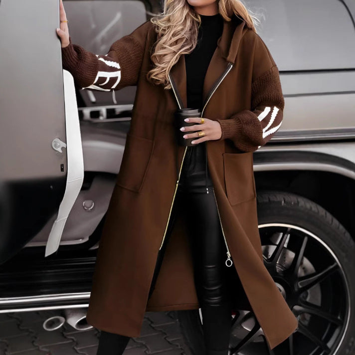 Women's Hooded Windbreaker Long Jacket | Knit-Sleeve Trench Coat with Pockets