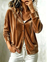 Women's Hooded Button-Down Cardigan | Loose Solid Color Long Sleeve