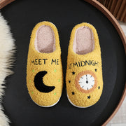 Women's Moon & Clock Print Plush Slippers | Warm Winter House Shoes
