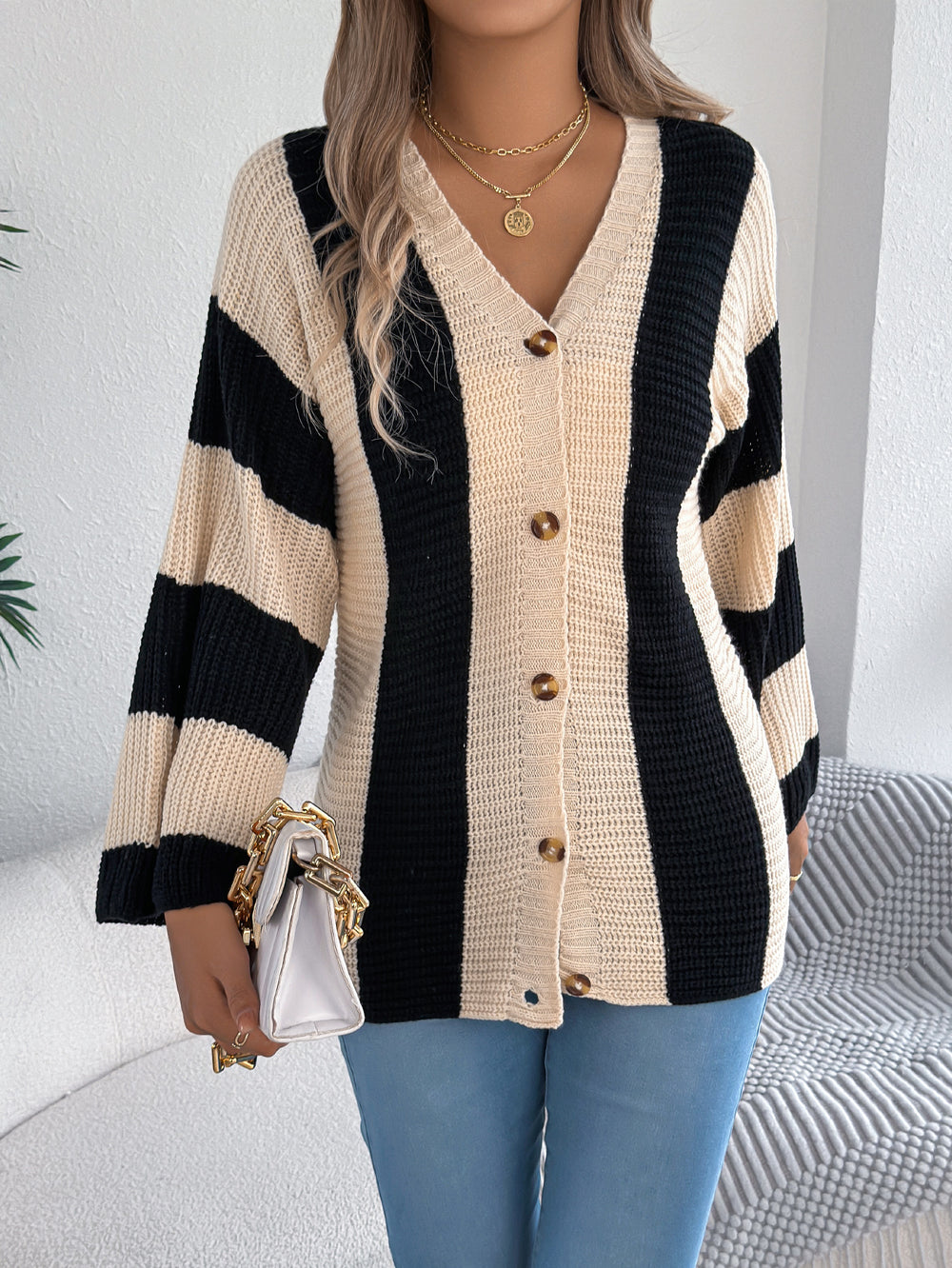 Women's Color Block Bell Sleeve Cardigan Coat – Casual