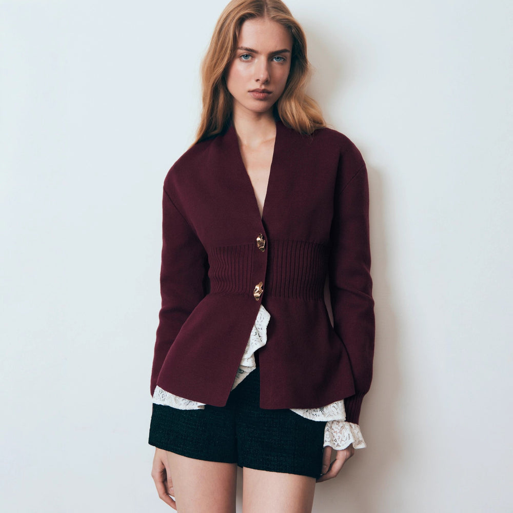 Women's V-Neck Metal Button Cardigan – Long Sleeve Slit Hem Sweater